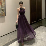 Temperament Famous Heavy Industry Birthday Annual Dress Dress Senior Purple Shoulderless Sleeveless Hanging Neck Dress Woman