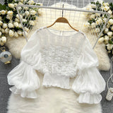 Ear Lace Design Shirt French Niche Lantern Sleeve Temperament Short Blouse DJPT