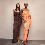 Sexy Open-Fork Dress Cross Strap Chiffon Sling Skirt To Wood Chiffon Crimum Flower Dress