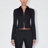 Women's Clothing 2024 Summer Solid Color Collar High-Rise Body-Clamping Long-Sleeved Zip-Up Top DJPT