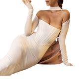 Women's New Solid Color Sexy Hot Girl Hollow Low-Chest Skirt Perspective Yarn Mesh Long-Sleeved Dress DJPT