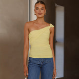 Women's Summer New Elegant Oblique Shoulder Kinned Mesh Splicing Tset DJPT