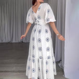 Women's Summer Fashion Vcollar Bubble Sleeve High-Waist Print Splicing Body Dress