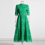 Fresh Sweet Wind 2025 Summer New Bubble Sleeve Lace Hollow Splicing Lace High Waist Dress