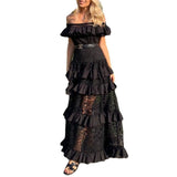 Summer New Women's Dress A Word Shoulder Lotus Side Hollow Lace Dress Dress DJPT