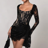 Autumn 2025 New Famous Style Temperament Sexy Lace Shens Waist With Long Sleeve Dress Woman DJPT