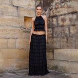 Explosive Dew-Back Strap Hanging Neck Top Set Wood Ear Chiffon Wrinkle Long Dress Two Sets