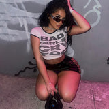 Letter Print Bumpy Side Short-Sleeved Top 2025 Summer New Street T-Shirt Girl DJPT