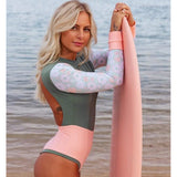 New Swimsuit Solid Color Print Splicing Long-Sleeved Surfsuit Sexy Bareback Swimsuit Woman Swimsuit DJPT