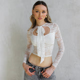 Women's 2024 Summer New Solid Color Lace Long Sleeve Strap Hollow Sexy Top DJPT