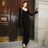 Zhao Sanguan Horn Sleeve Black Dew Dress 2024 New Elegant V-Neck Long Dress