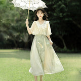 Blue Poetry Chinese Style Improvement Han Elements Women's Outer Sling Skirt Suit 9069