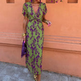 Women's Fashion-Coln Fashion-Print Dress Elegant Body-Dress V-Neck Short-Sleeved Dress DJPT