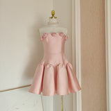 A line Strapless Pink Satin Travel Vacation Dresses Short Birthday Dress SD1247
