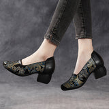 Beauty Real Leather National Wind Coarse And Shallow Print Comfortable Chinese Style Original Fashion Mother Shoes Lefu Shoes High Quality Shoes