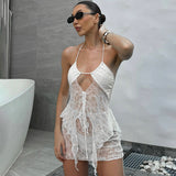 Women's Perspective Hollow Hanging Neck Sling Lace Skirt Suit DJPT
