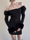 Zhiya With The Same Sexual Passion Shoulder Hair Collar Slim Thin Knit Long-Sleeved Ass Dress Woman