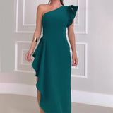 Summer Slanted Shoulder Dress High-Waist Irregular Open Fork Sexy Long Dress Girl