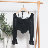 Girls Shoulder-Hanging Neck With Long-Sleeved Slings With Smear Wooden Ear-Deared Shirt Short With Chest Cushion Top DJPT