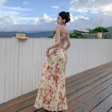 Swing Atmosphere Feel The Flower Temperament Of The Waist Thin 100 Folds Hanging Neck Slings Long Skirt Seaside Skirt