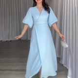 Women's Summer V Tie With Bubble Sleeve High Waist Slim Slim Dress