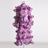 Court Style 2025 Summer Collar Long Horn Sleeve Design Lotus Side Hem Long Printed Dress