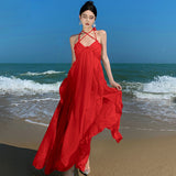 Temperament Hanging Neck Sling Dress Women's Summer Dress Bare Back Seaside Beach Skirt