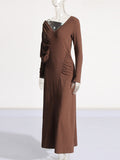 Comfort Elegance Wind 2025 Summer New V-Neck Long Sleeves Folded Asymmetric Design Dress
