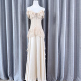 Design Lace Stitching Dress Retro Temperament Shoulder Light Luxury Dress 2024 New Model