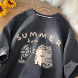 Cotton Shoulder Summer New Round Collar Short-Sleeved T-Shirt Cute Kitten Print Loose Blouse DJPT