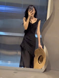 Sheath V Neckline Ruffled Black Chiffon Beach Dress Women's Vacation Dresses SD1140