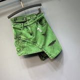 Women's Personality Double Row Waist Design Green Word Cowboy Skirt Asymmetric Skirt Summer Dress Tide DJPT