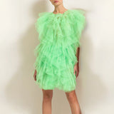 Temperament Thin Dress Women's Dress 2025 Spring New Sleeveless Wood Ear Folding Mesh Cake Skirt