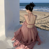 Temperament Hanging Neck Sling Dress Female Summer Dress Pink Bare Back Beach Skirt