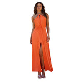 Women's Solid Color Hanging Neck Chain Hollow Open Fork Dress DJPT