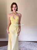 Sexy Yellow Acetate-Sing Slanted Hanging Neck Dress Summer Temperament Thin Back Dress Dress