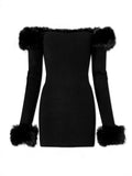 Zhiya With The Same Sexual Passion Shoulder Hair Collar Slim Thin Knit Long-Sleeved Ass Dress Woman