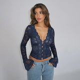 Autumn 2025 New Women's Dresses Sexy Vicaric V-Necked Lace Long Sleeve Blouse DJPT