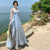 Luxury Small Loose Blue Hanging Neck Morning Robe Three-Dimensional Flower Beach Dress Dress Bridal Dress Female