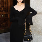 Zhao Sanguan Horn Sleeve Black Dew Dress 2024 New Elegant V-Neck Long Dress