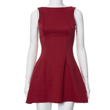 New Women's Solid Color Round Neckless Sleeveless High-Waisted Dress DJPT