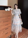 Summer Collar Splicing Flower Mesh Embroidery Cake Dress Dress
