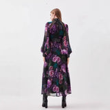 2025 Printed Lace Splicing Hollow Rivet Collar Lantern Long-Sleeved Dress Woman