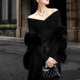 Zhao Sanguan 2024 New One-Word Shoulder Elastic Wrinkled Top Elegant Long-Sleeved T-Shirt