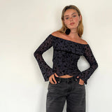 Shoulder Mesh Printing Long-Sleeved Top 2025 Summer New Fashion Hottie T-Shirt Girl DJPT