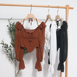Girls Shoulder-Hanging Neck With Long-Sleeved Slings With Smear Wooden Ear-Deared Shirt Short With Chest Cushion Top DJPT