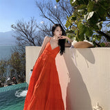 Tourism Photo Fairy Dress Rose Red Deep V Collar Bare Back Sling Dress Sanya Seaside Beach Dress Girl