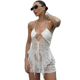 Women's Perspective Hollow Hanging Neck Sling Lace Skirt Suit DJPT