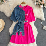 Hong Kong Flavor Temperament With Belt Round Tie Color Denim Shirt Spring New Chic Leisure Medium DJPT