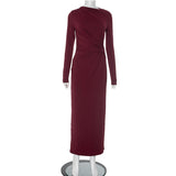 Women's Pure Color Waist Shrink Folding Long Sleeves Elegant Long Dress DJPT